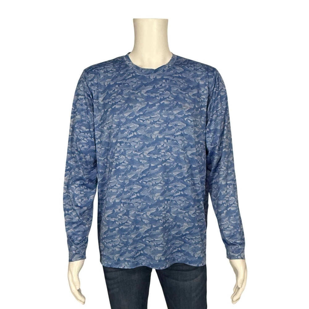 Greg Norman Play Dry Blue Camo Long Sleeve Performance Shirt Shark Logo Large